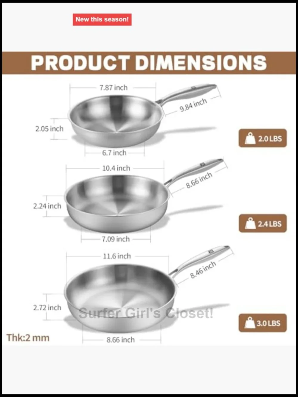 Tri-Ply Stainless Steel Frying Pan Set 8 10 12 Inch PFOA Free Cookware